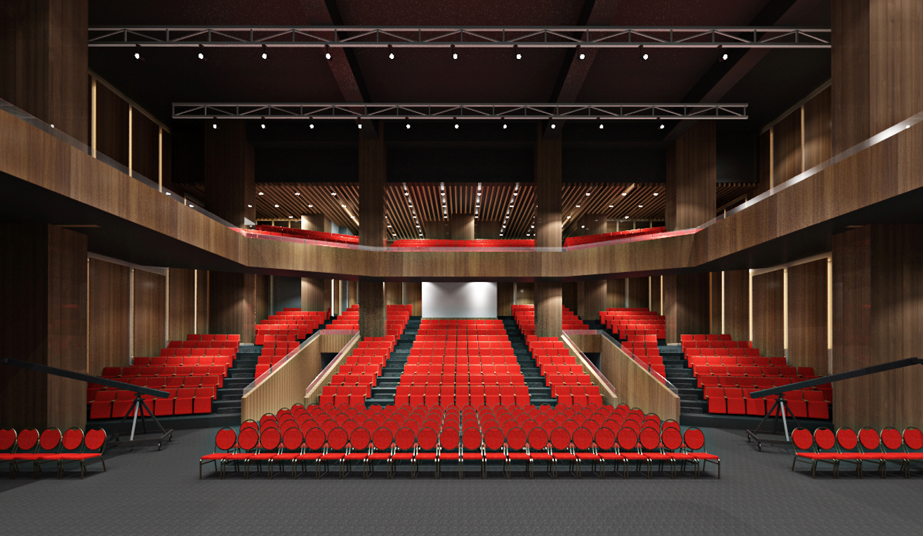 Architectural rendering of a television studio with red audience seating, a wraparound balcony, wood-panelled walls, overhead lighting trusses, and camera cranes.