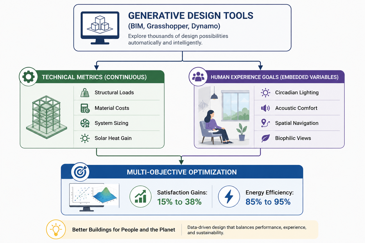 Diagram explaining generative design tools like BIM, Grasshopper, Dynamo, with sections on technical metrics such as structural loads, material costs, system sizing, solar heat gain, and human experience goals including circadian lighting, acoustic comfort, spatial navigation, and biophilic views. It emphasizes multi-objective optimization for better buildings with improved satisfaction and energy efficiency.