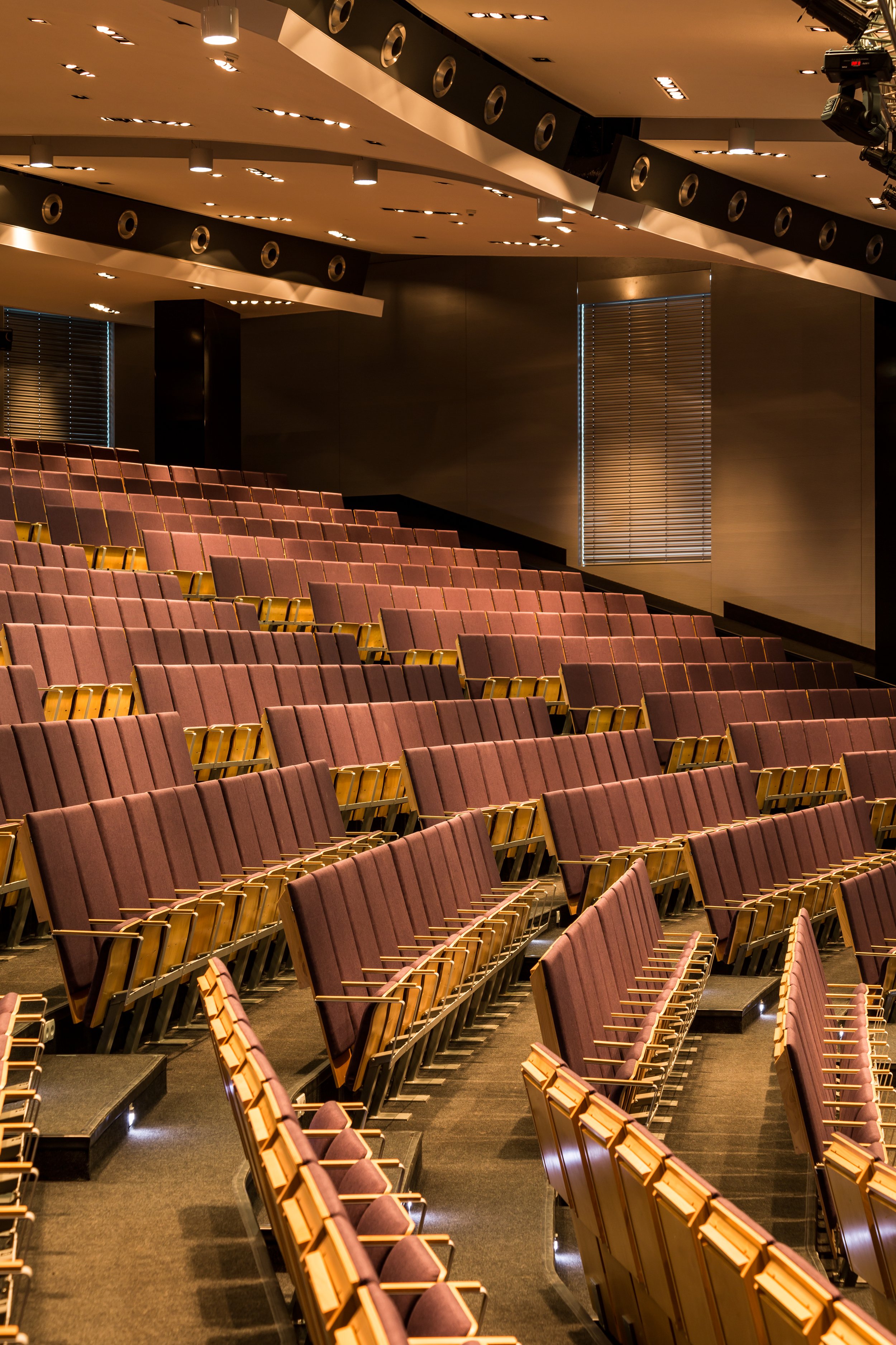 Empty auditorium with rows of mauve-colored seats, dark walls, and ceiling lights, and a large blank screen on the wall.