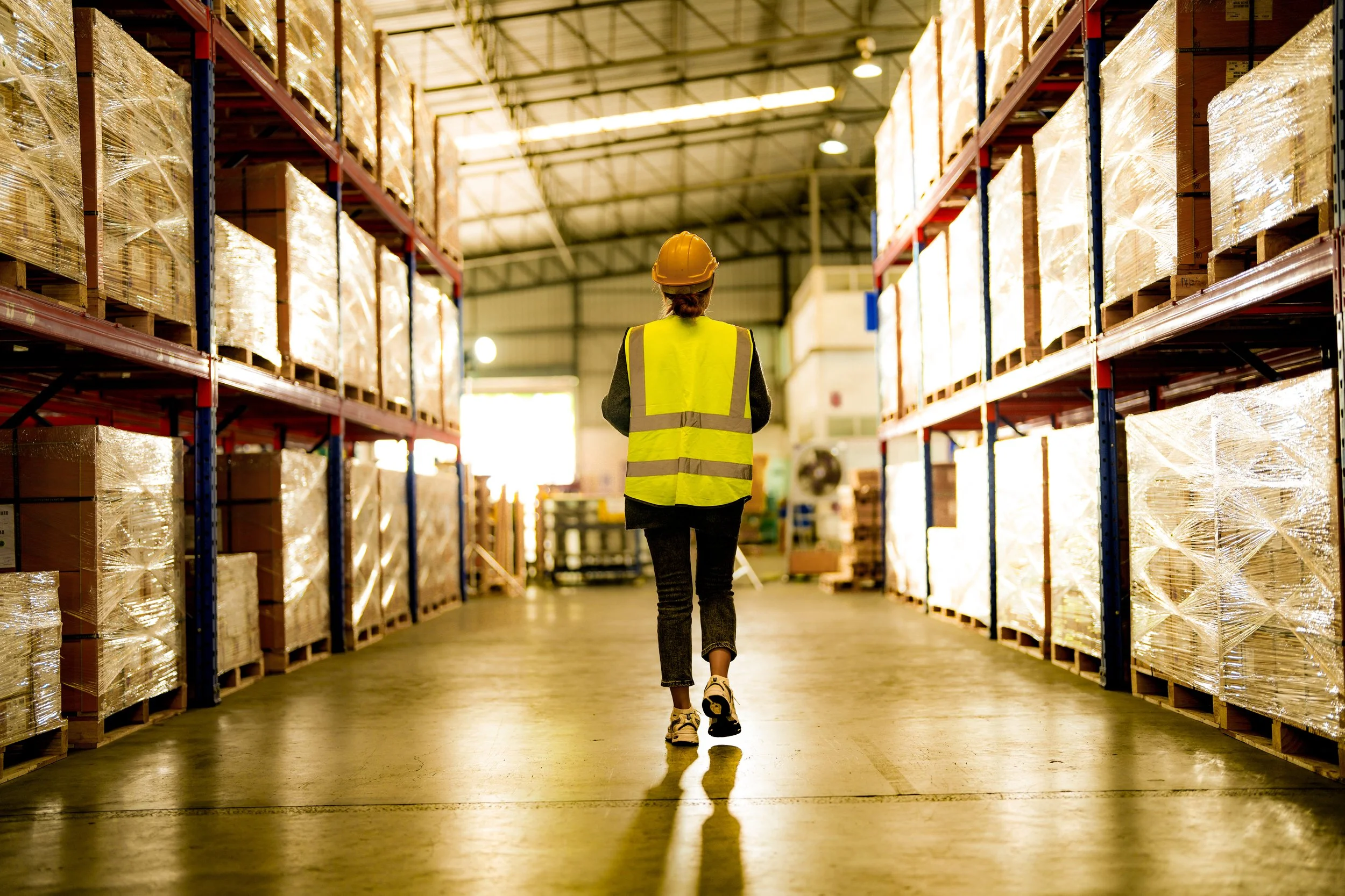 Worker wearing a hard hat and high-visibility vest walking along a warehouse aisle between tall pallet racks under overhead lighting.