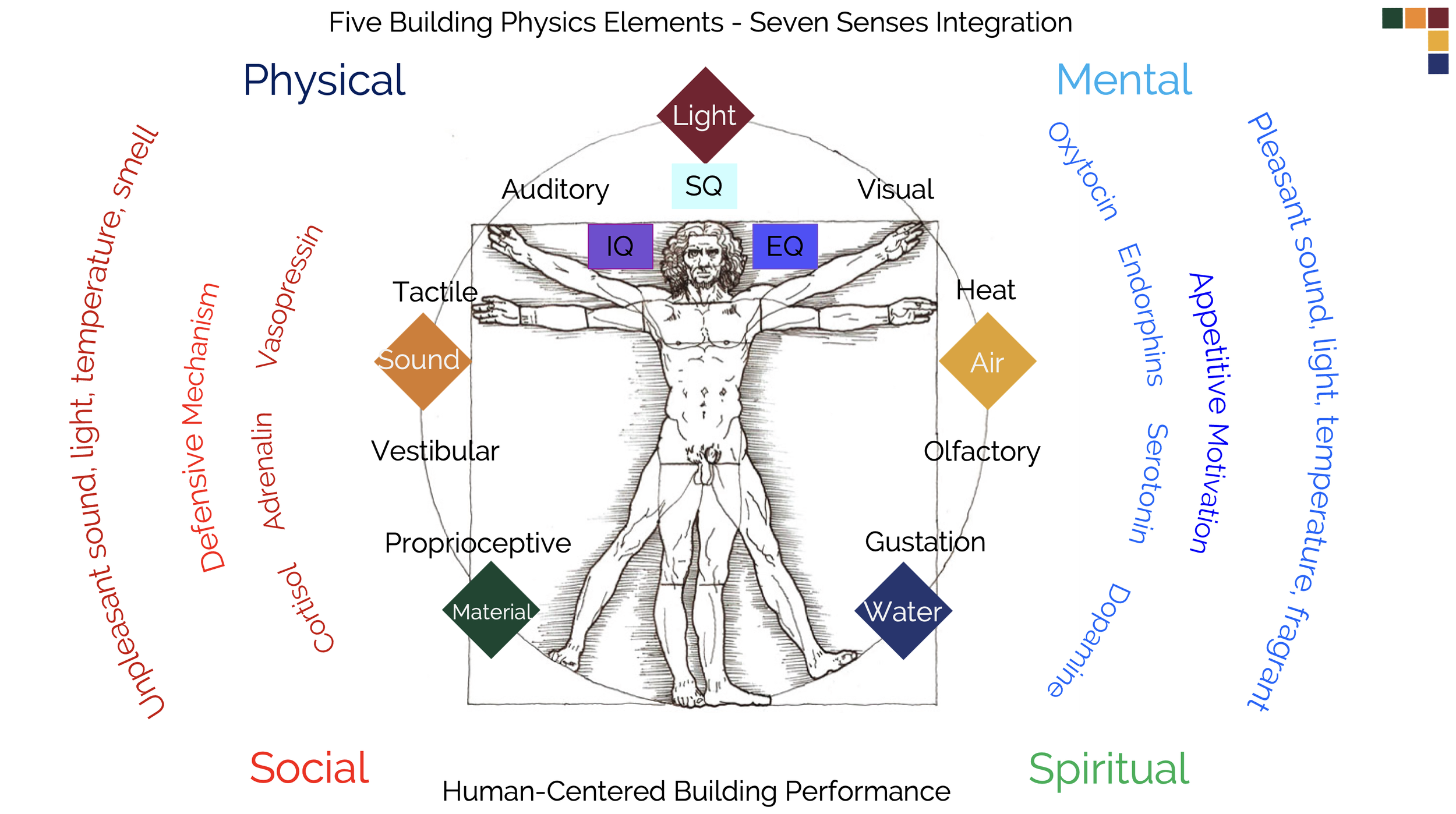 five building physics elements integrated with the seven senses human figure with labels for different sensory inputs and physical aspects such as light, sound, heat, air, material, and water. The senses include auditory, visual, tactile, olfactory, and gustation.