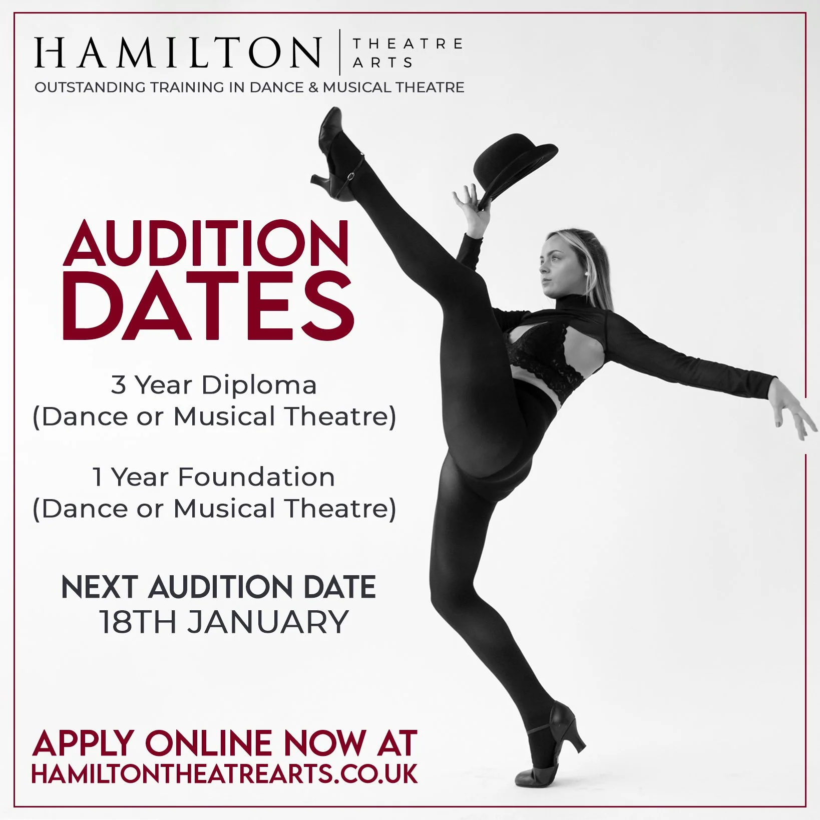 APPLY NOW FOR 2026 ENTRY!
CHOOSE HAMILTON &hellip;. NEXT AUDITIONS JANUARY 18th 2026

Auditions are now underway for 2026 entry and our next audition is on 18th January!  With a choice of 3 Year Diploma or 1 Year Foundation courses in Dance or Musica