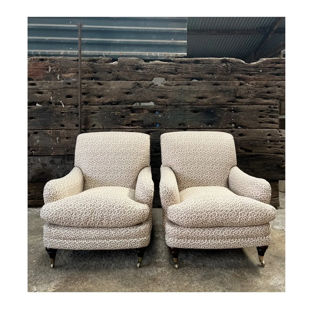 A pair of Howard style chairs recently reupholstered in @sibylcolefax fabric on turned legs with brass castors.
. 
Please message me for details &hellip;..