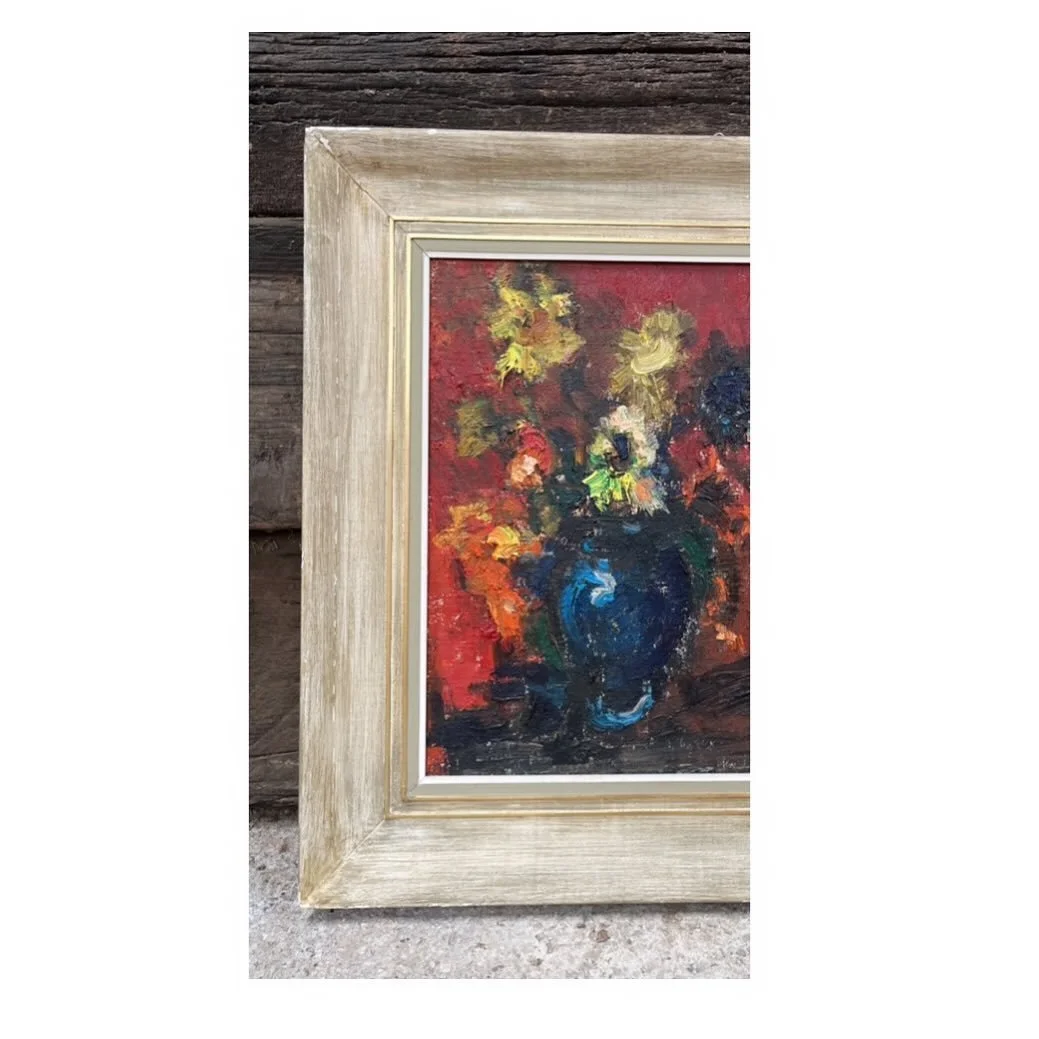 A bumper crop of art going on the website later this week &hellip;.including this lovely French floral oil painting&hellip;.I love the pop of red and the double brass inlay detail in the framing&hellip;
.
Measures 70cm tall x 60cm wide 
.
#oilonboard