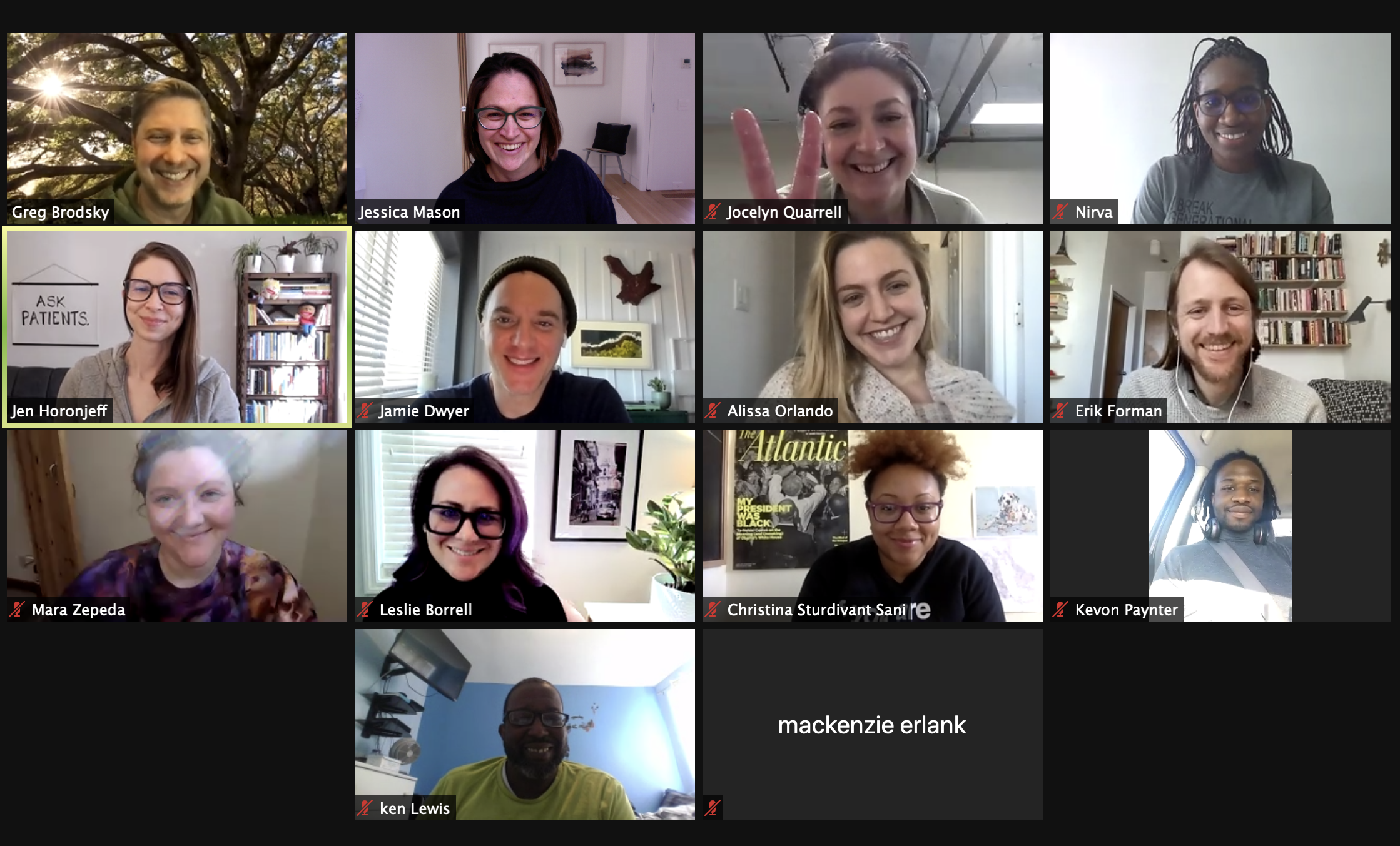 Group video call with fifteen people, each in individual video frames, smiling and engaged.
