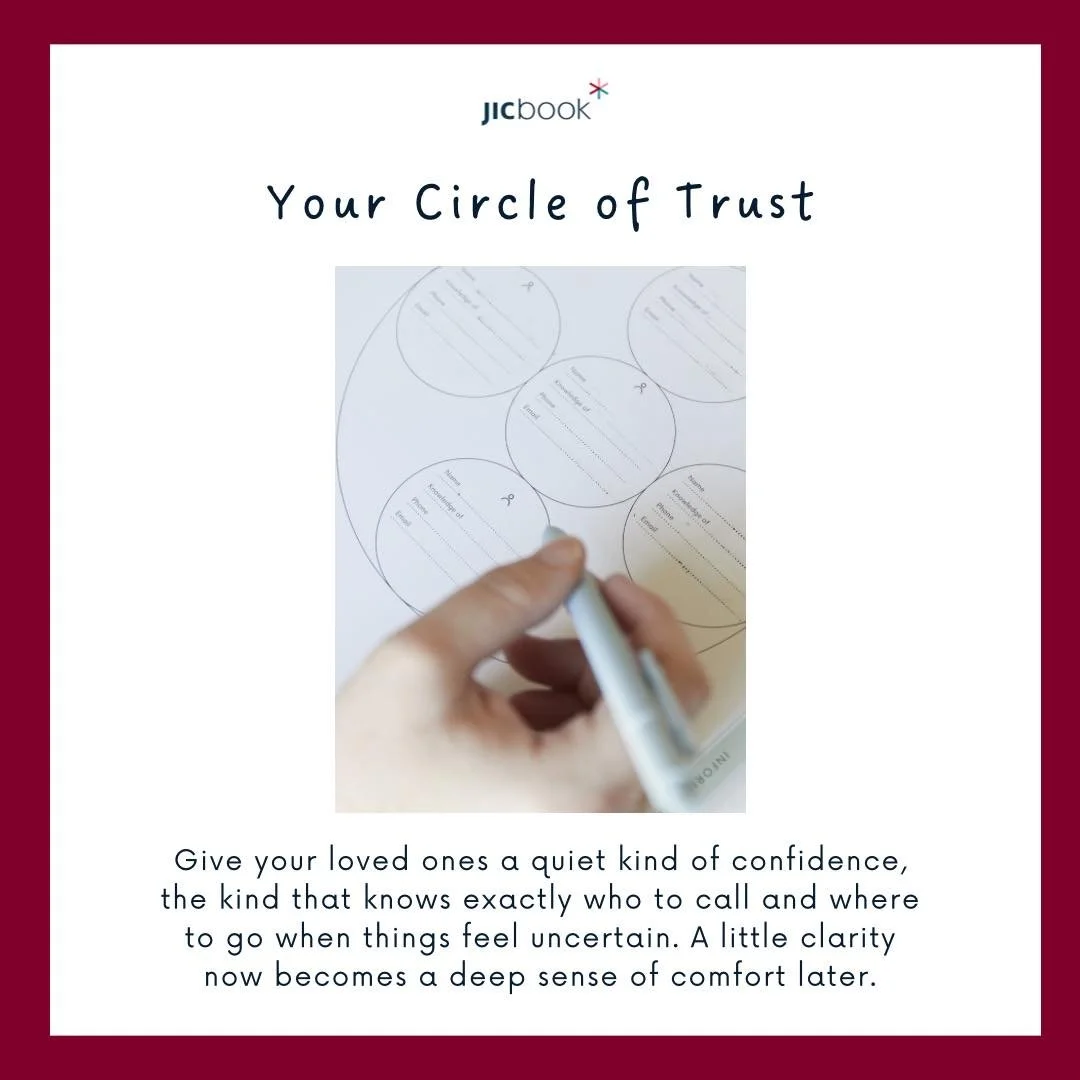 Build your circle of trust 💛 Let your loved ones know who to call and where to turn&mdash;clarity brings comfort when it&rsquo;s needed most. 🌟

#CircleOfTrust #FamilyFirst #PeaceOfMind #SupportSystem #LoveGuides

📍 Visit us at www.JICBook.com
🗓 