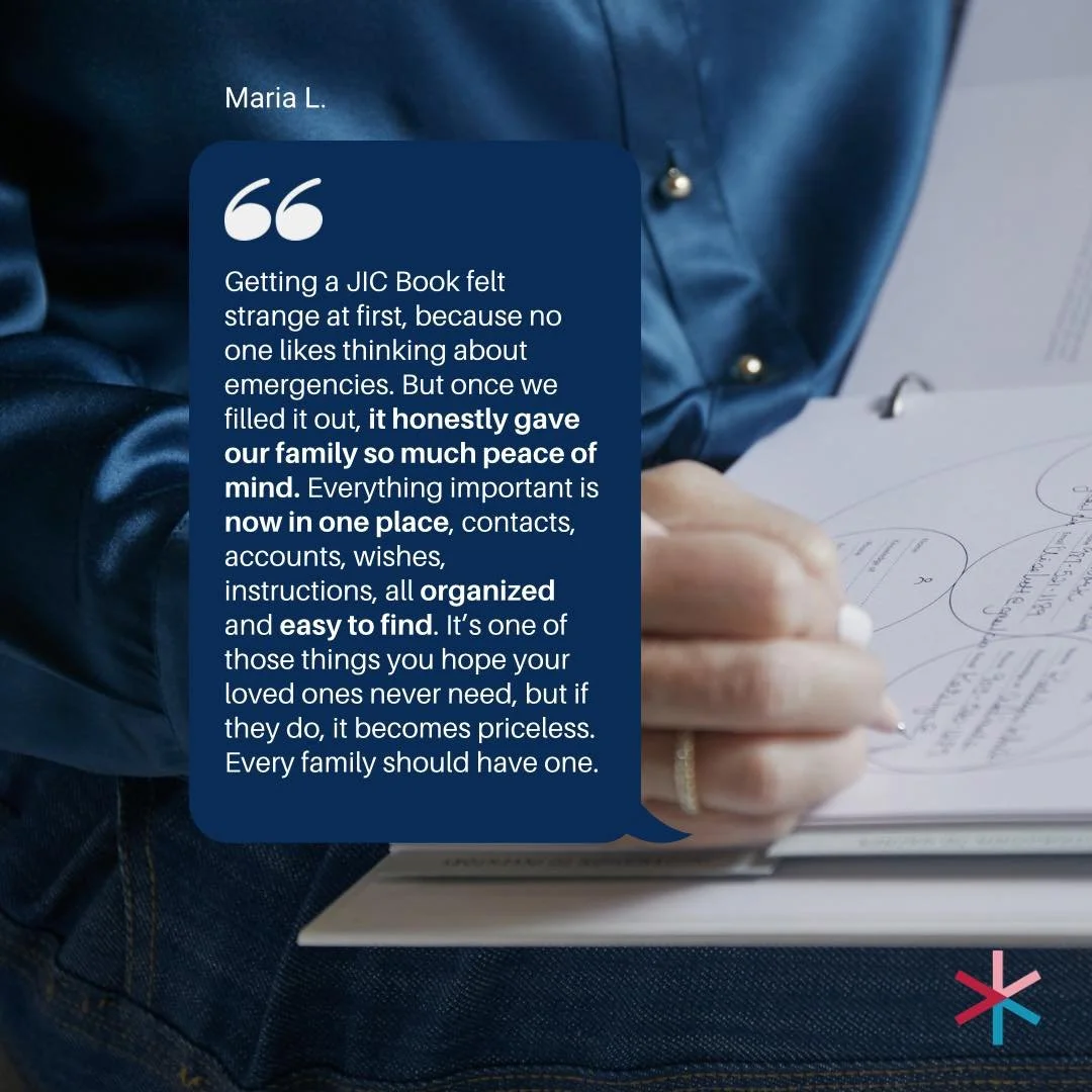 A simple way to bring clarity and peace of mind for the people you love. The JIC Book helps keep everything important in one place. 🤍📖

#JICBook #PeaceOfMind #FamilyFirst #PreparedNotPanicked #LifePlanning

📍 Visit us at www.JICBook.com
🗓 Availab