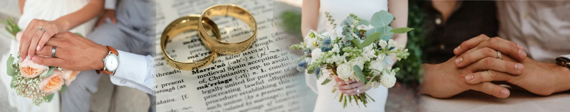 Weddings - Wedding rings, bouquet of flowers, and a couple's hands with wedding bands.