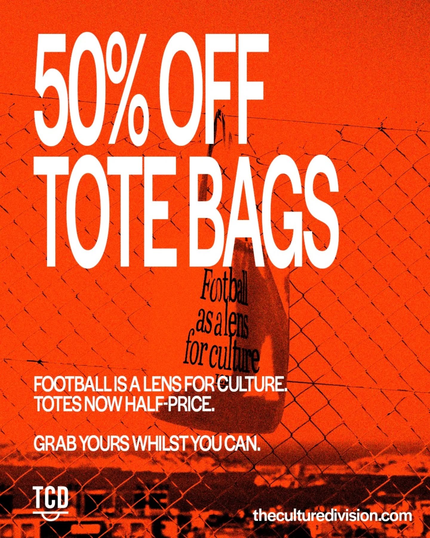 🛍️ It's Friday. 50% off the last remaining totes. Take em off our hands.

Link in bio / theculturedivision.com. 🔗

🫶 Grazie. Obrigado. Danke.

#footballculture
