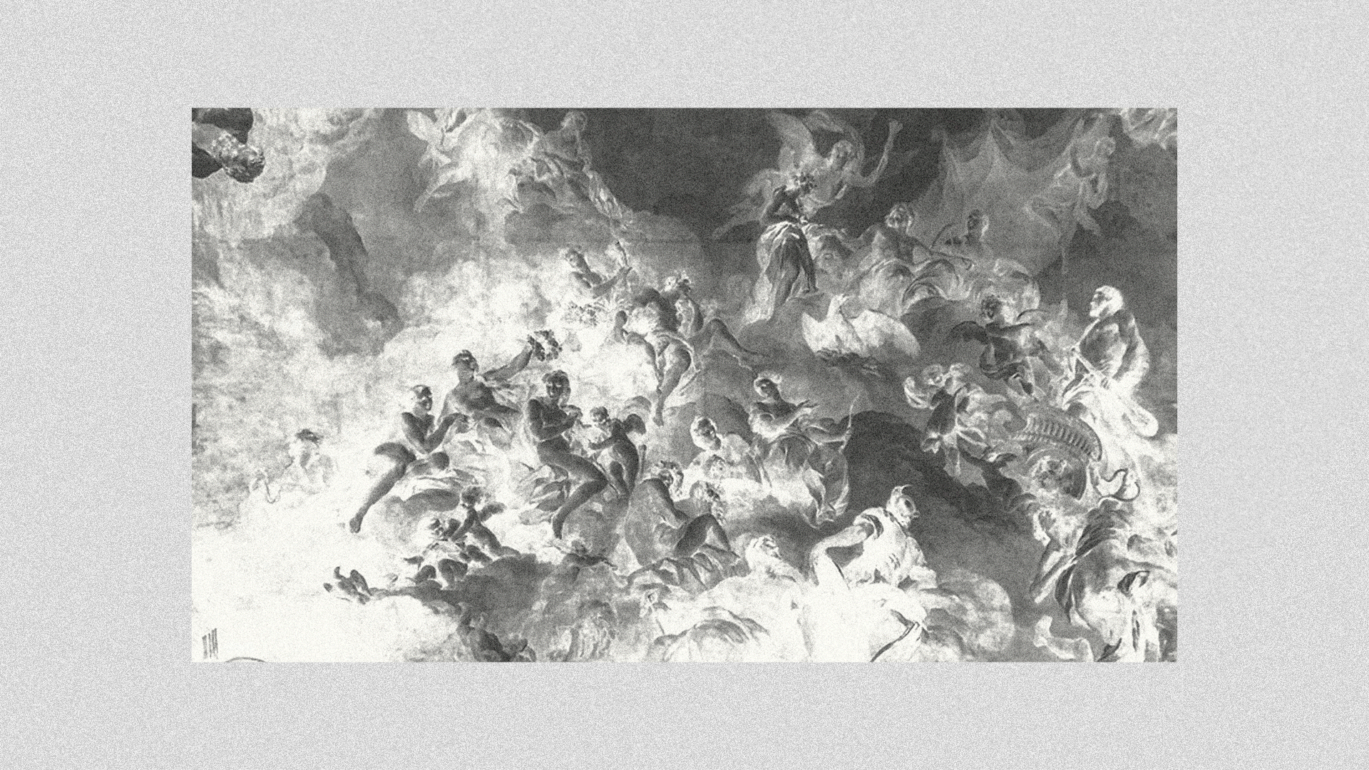A black and white painting of angels and cherubs swirling in the clouds.