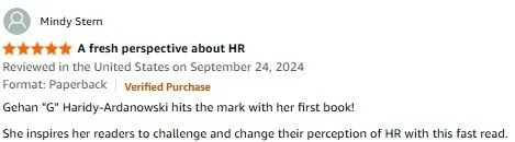 Book review page showing the title 'A fresh perspective about HR' by Mindy Stern, with a five-star rating and a review praising the author's inspiring approach.