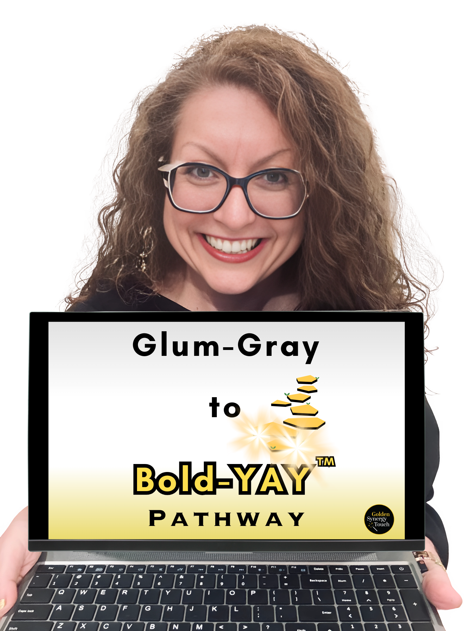 A woman with curly hair, glasses, and a smile holding a computer screen displaying a color palette and the text 'Gum-Gray to Bold-YAY PATHWAY' with the 'Golden Synergy Touch' logo at the bottom right.
