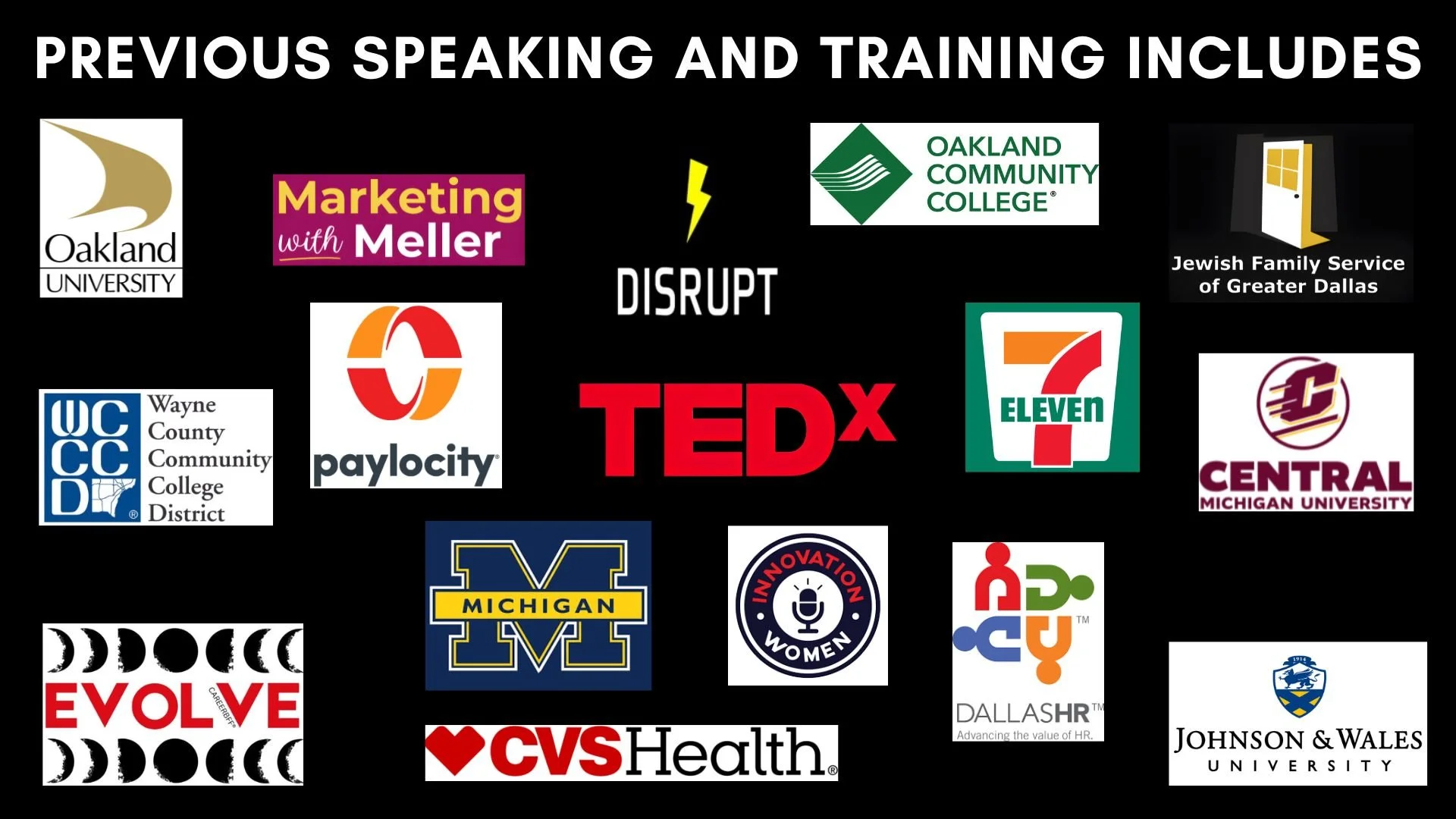 Collection of logos from various educational institutions and organizations, including Oakland University, Oakland Community College, Wayne County Community College District, Michigan, Johnson & Wales University, and CVS Health.