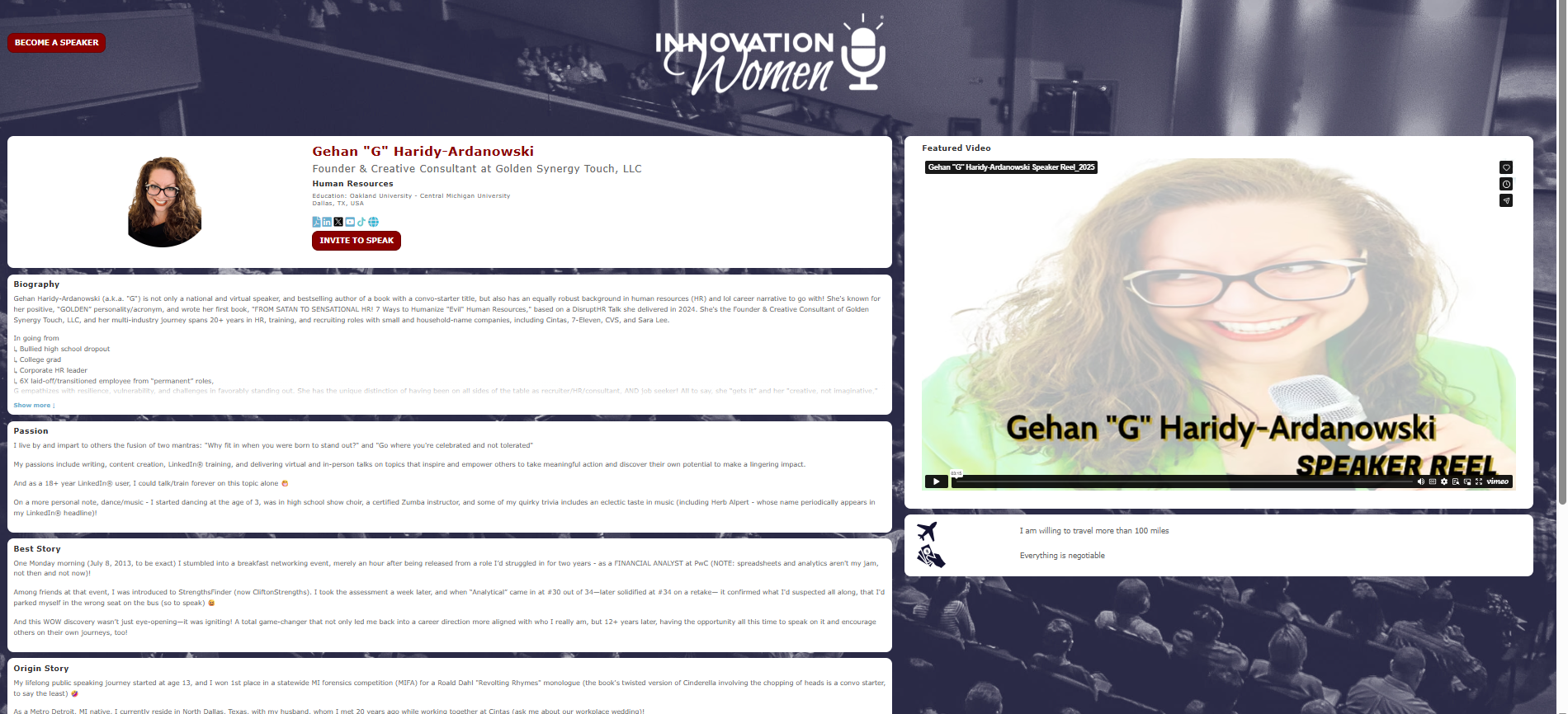 Webpage featuring Gehan G. Haridy-Ardanowski, a speaker in the Innovation Women platform. It includes her photo, biography, passions, and an embedded speaker reel video.
