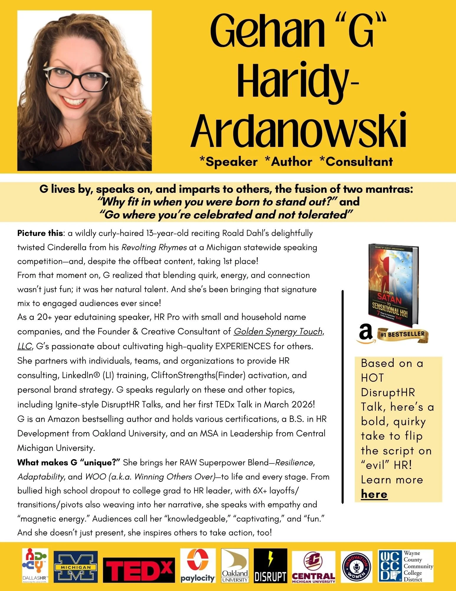 Profile photo of Gihan 'G' Hardiy-Ardanowski, a woman with curly hair, glasses, and a bright smile, on a yellow background with text about her work and achievements, and logos of various organizations at the bottom.