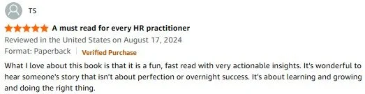 Screenshot of a book review highlighting the book as a must-read for HR practitioners, with a 5-star rating and a positive testimonial about its practical and insightful content.