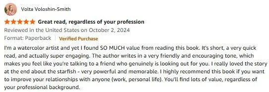 Screenshot of a book review for 'Volt Voloshin-Smith'. The reviewer praises the book for being engaging regardless of profession, describing it as inspiring, humorous, and memorable, and recommends it for improving relationships.