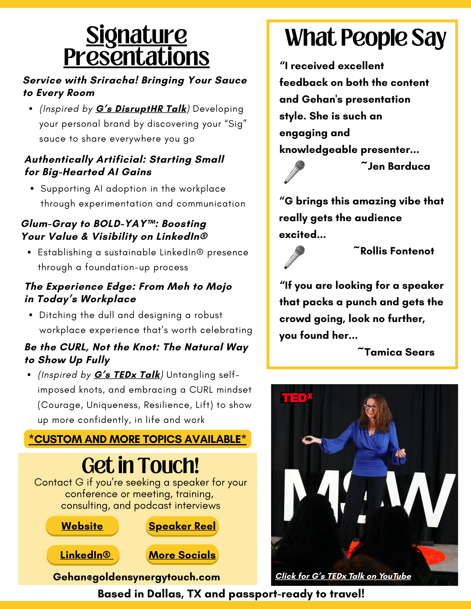 A digital flyer advertising G's presentation services and TEDx talk. It features sections on signature presentations, feedback quotes, custom topics, and contact information, including a photo of G speaking on stage with a TEDx backdrop.