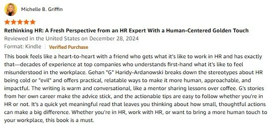 Goodreads review of a book titled "Rethinking HR: A Fresh Perspective from an HR Expert with a Human-Centered Golden Touch" by Michelle B. Griffin. The review is five stars and describes the book as heartfelt and practical, with a warm conversational tone about HR experiences.