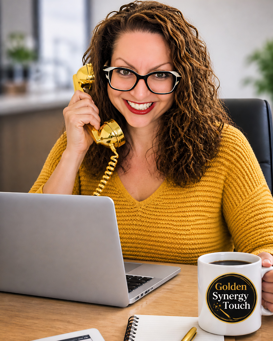 A woman with curly hair and glasses smiling while holding a gold telephone receiver, sitting at a desk with a laptop, a coffee mug with a logo, and a notepad.