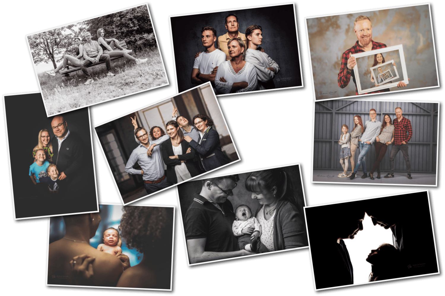 Eine Collage verschiedener Familien- und Einzelporträtfotos, darunter eine Gruppe mit Kindern vor einem Tor, eine Ehepaar mit Baby, eine Familie beim Spielen und beim Fotoshooting, sowie ein Mann, der mit einem Kind zu sehen ist, alles in unterschiedlichen Settings und Stilen.