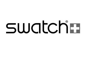 Swatch Logo mit schwarzem Text und grauem Pluszeichen