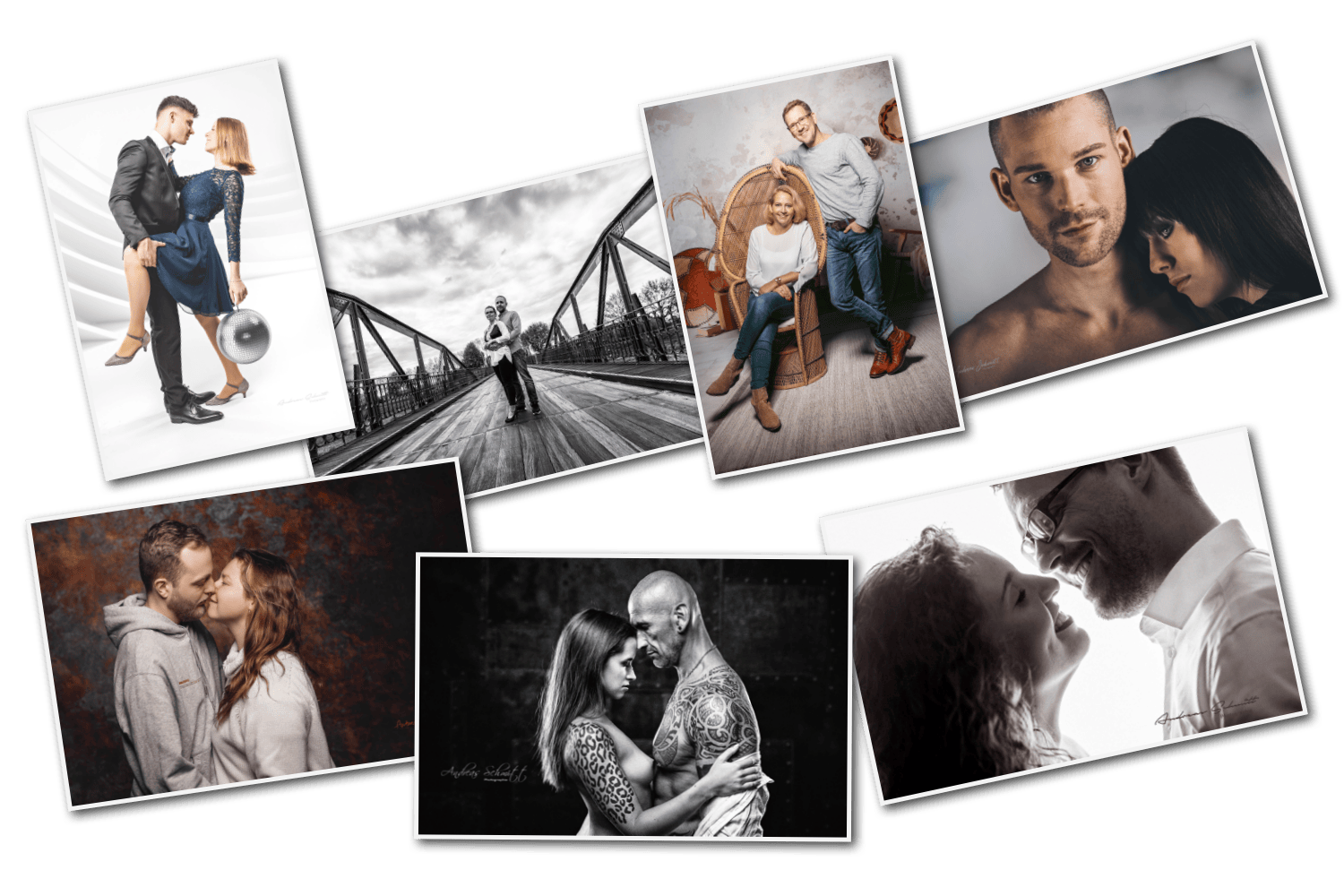 Eine Collage aus mehreren Fotos von Paaren in verschiedenen Posen und Situationen, darunter Portraits, Spaziergänge und intime Momente.