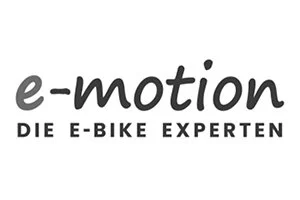 Logo mit dem Text 'e-motion Die E-Bike Experten' in Schwarz auf weißem Hintergrund.
