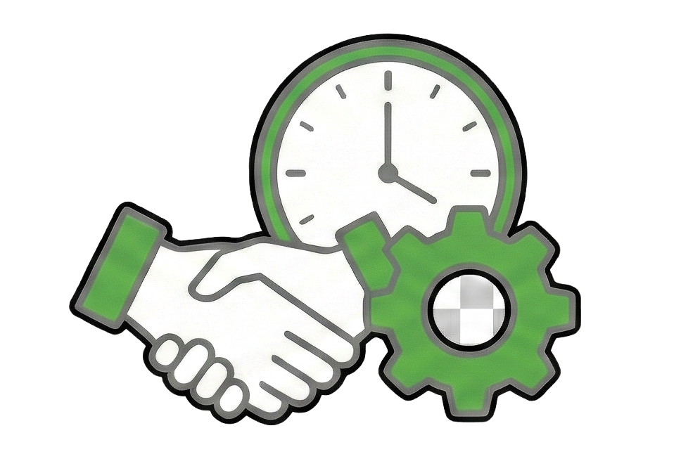Symbolbild mit einer Uhr, einem Händedruck und einem Zahnrad, die Zusammenarbeit und Zeitmanagement symbolisieren.
