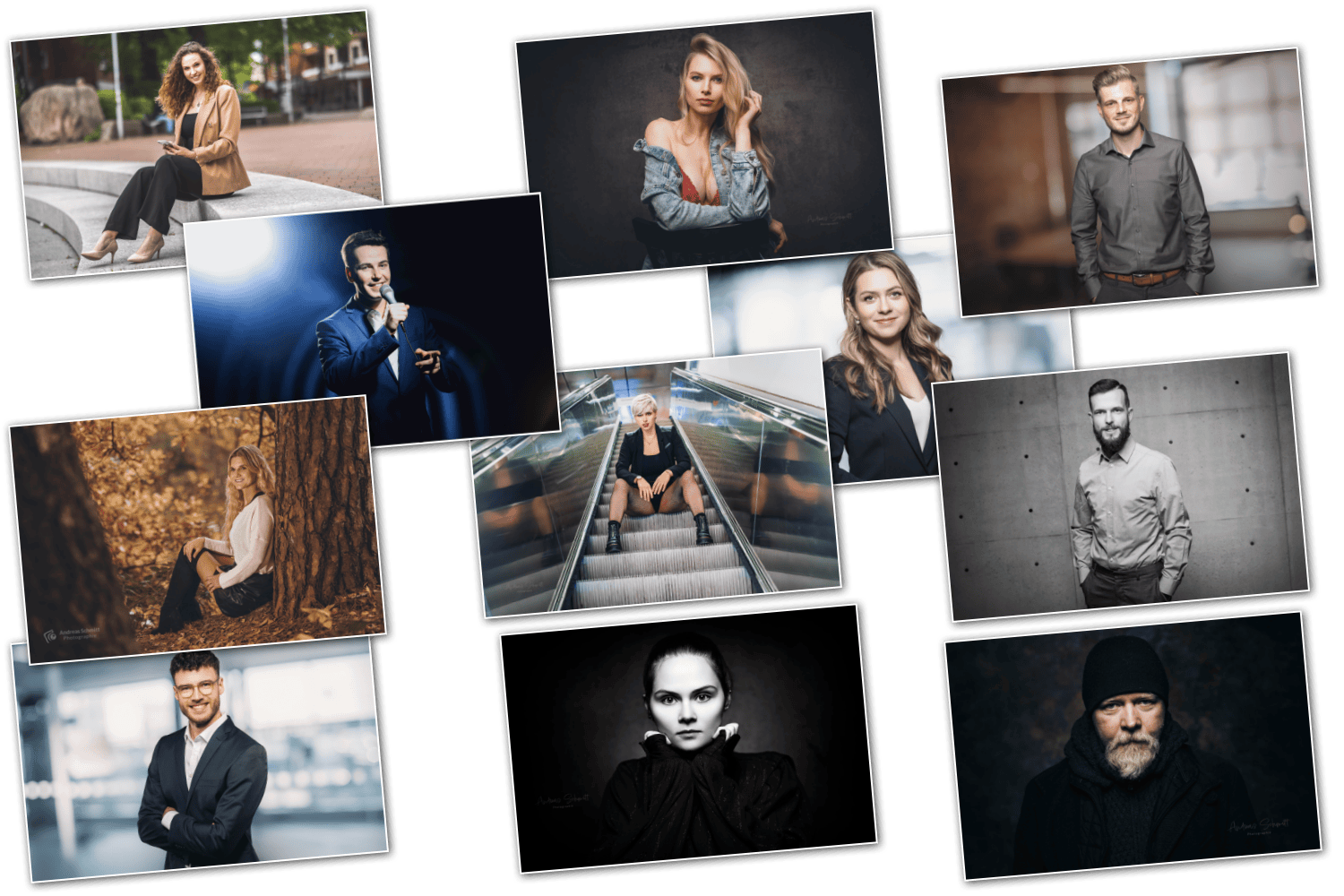 Collage aus verschiedenen Porträtfotografien von Menschen in unterschiedlichen Umgebungen und Posen.