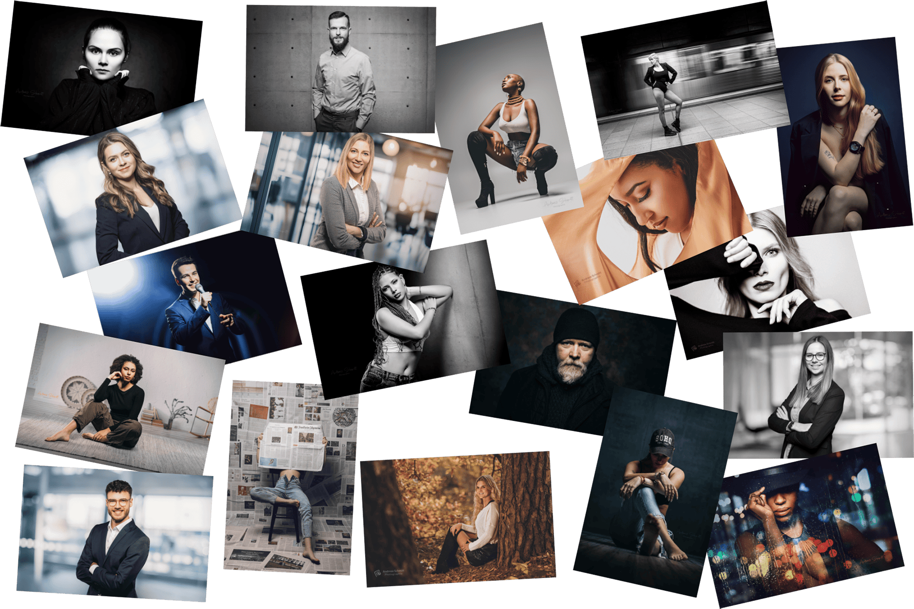 Kollage verschiedener Schwarz-Weiß- und Farbfotografien von Menschen in unterschiedlichen Posen und Umgebungen, einschließlich Porträts, Gruppenfotos, professionelle und kreative Aufnahmen.