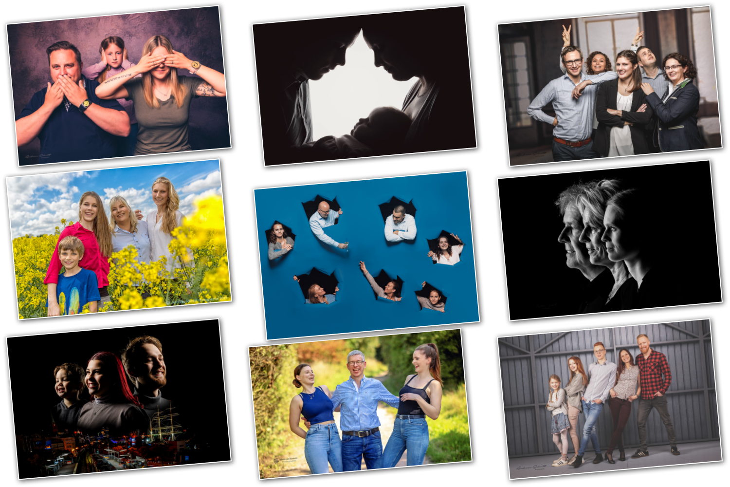 Gruppe von sechs Personen in lässiger Kleidung posiert gemeinsam vor einer grauen, geriffelten Wand. Alle tragen dunkle T-Shirts und Jeans.