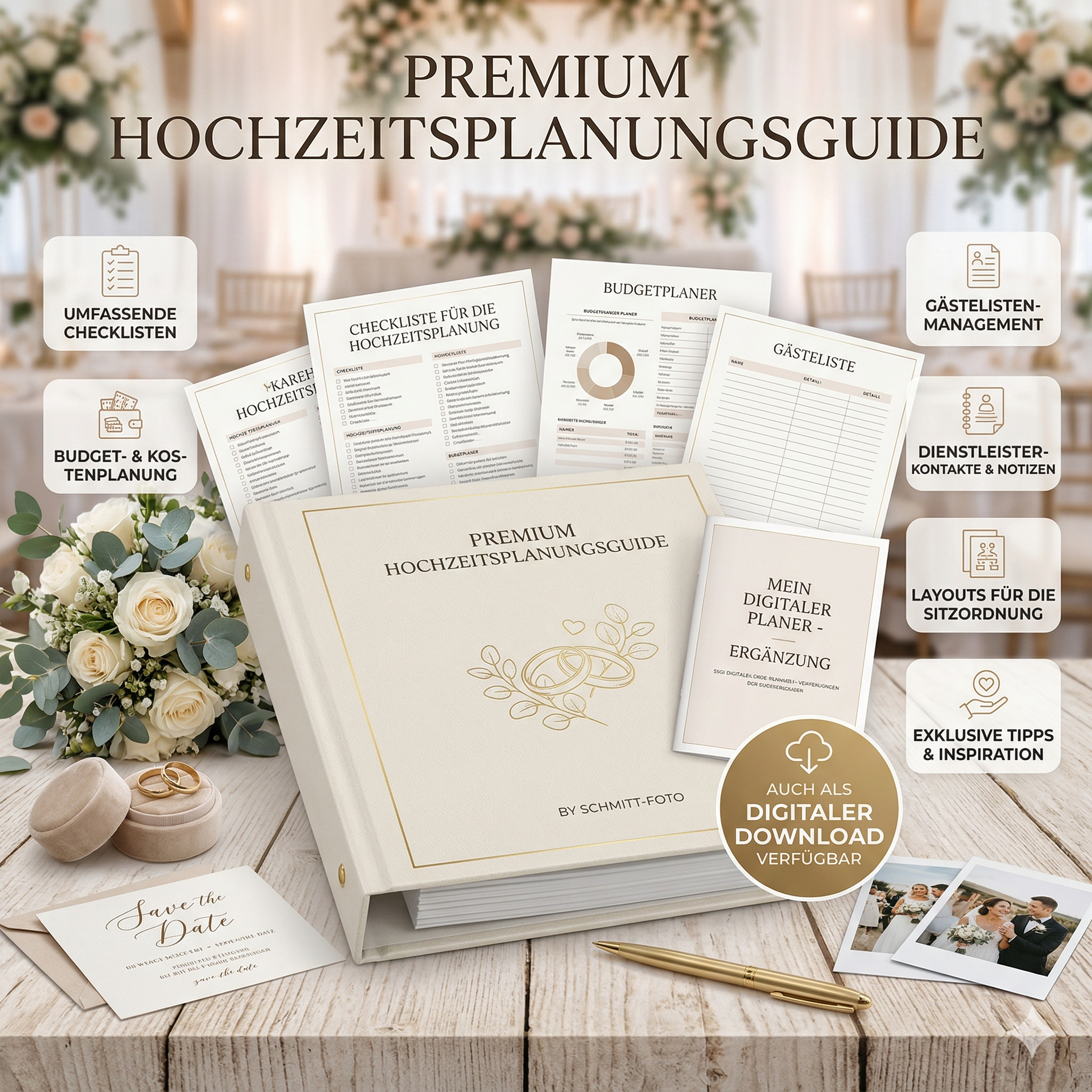 Ein Hochzeitsplanungsset mit Checklisten, Budgetplaner, Gästeliste und weiteren Planungsdokumenten, um die Hochzeit vorzubereiten, auf einem Holztisch mit Blumen und Hochzeitsringen.