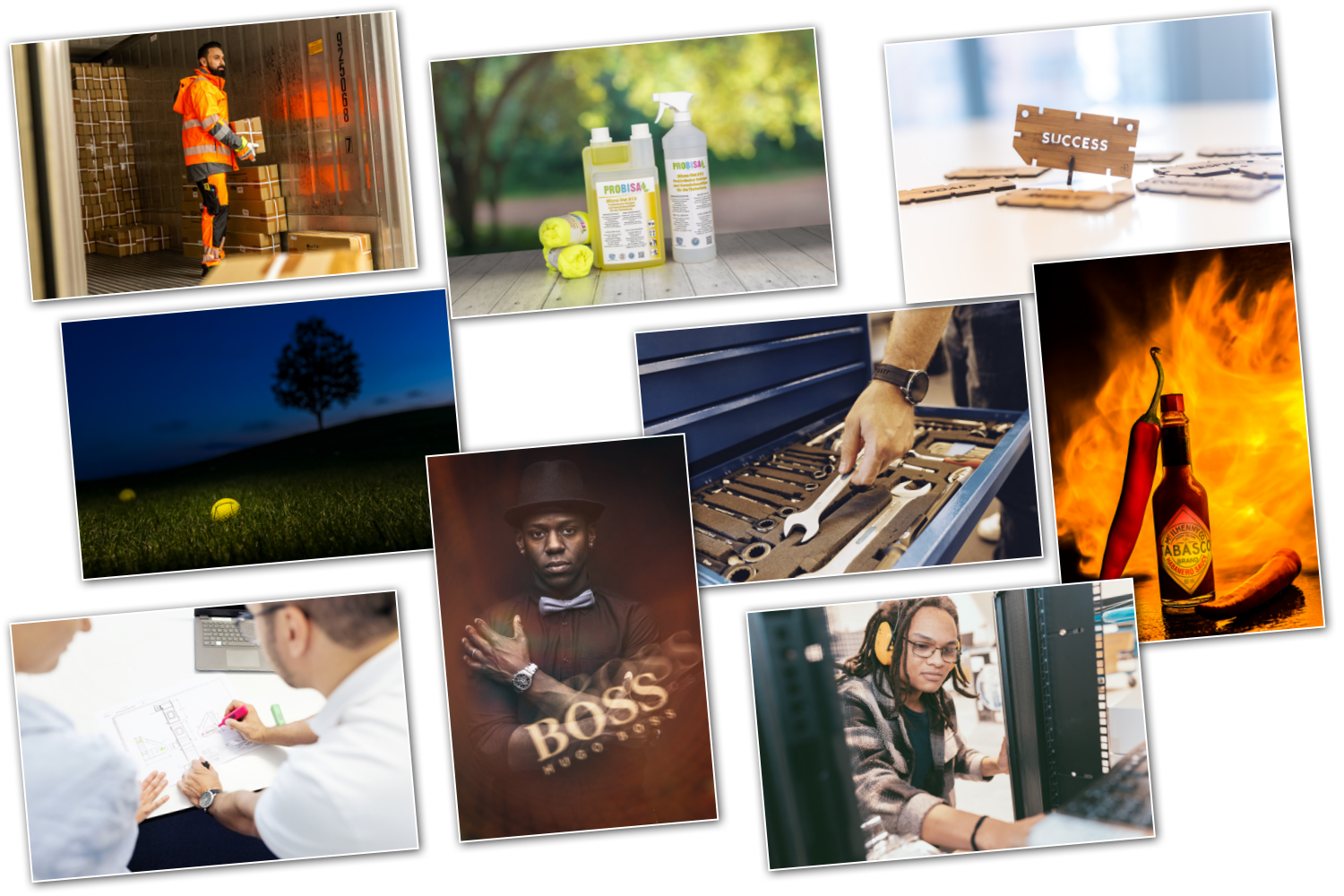 Collage aus verschiedenen Szenen: ein Mann in einer orange Warnweste beim Be- und Entladen eines Lastwagens, Reinigungsprodukte auf einem Tisch im Park, Spielkarten mit 'Success', eine Person mit Werkzeugkoffer beim Schrauben, ein Flasche Tabasco auf Feuer, zwei Tennisbälle im Gras bei Sonnenuntergang, ein Mann in einem Hut und Anzug mit 'Boss'-Logo, eine Frau mit Schutzbrille in einem Serverraum, zwei Ärzte bei einer Planung, ein Mann mit Uhren- und Mode-Accessoires, ein Mädchen beim Programmieren am Computer, ein Konzert oder Theater-Szene mit einer Frau in Großaufnahme, ein Feuer mit Flasche Tabasco, eine Frau mit Kopfhörer an einer Serverwand.