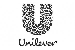 Unilever-Logo mit einem großen, stilisierten Buchstaben U, gefüllt mit verschiedenen schwarzen, dekorativen Mustern, darunter Blumen, Wellen und andere Symbole, darunter der Schriftzug 'Unilever'.