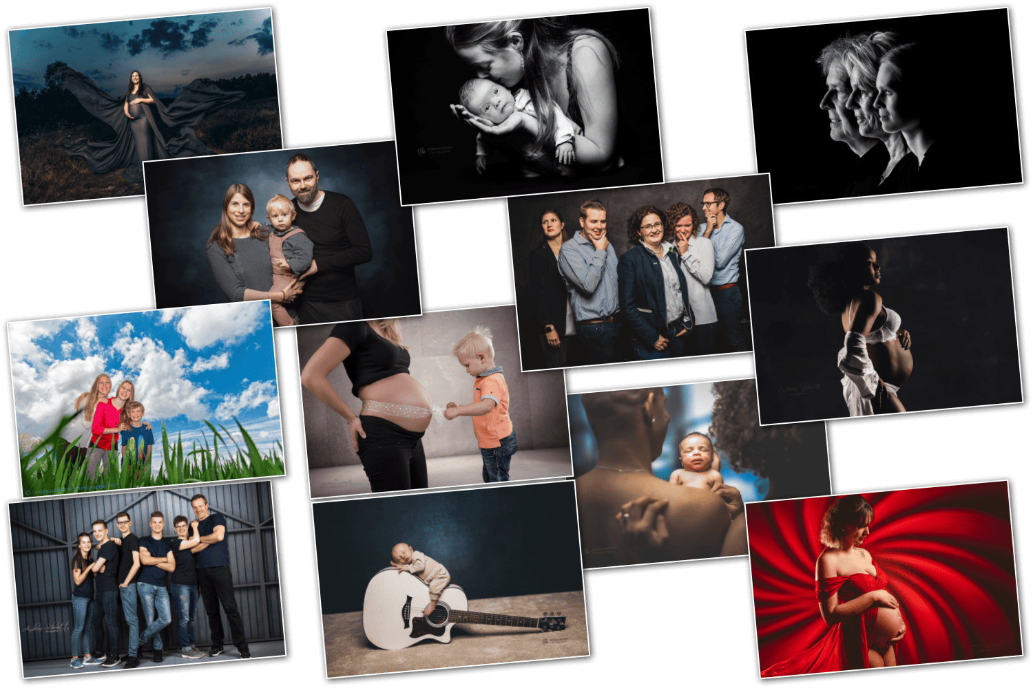 Kollage verschiedener Porträt- und Familienselfies, darunter eine schwangere Frau, eine junge Mutter mit Baby, eine Gruppe von Freunden, eine Familie mit Kind, eine Schwangerschaft, ein Baby mit Gitarre, eine schwangere Frau im roten Kleid, und eine Mutter mit Baby im Schatten.