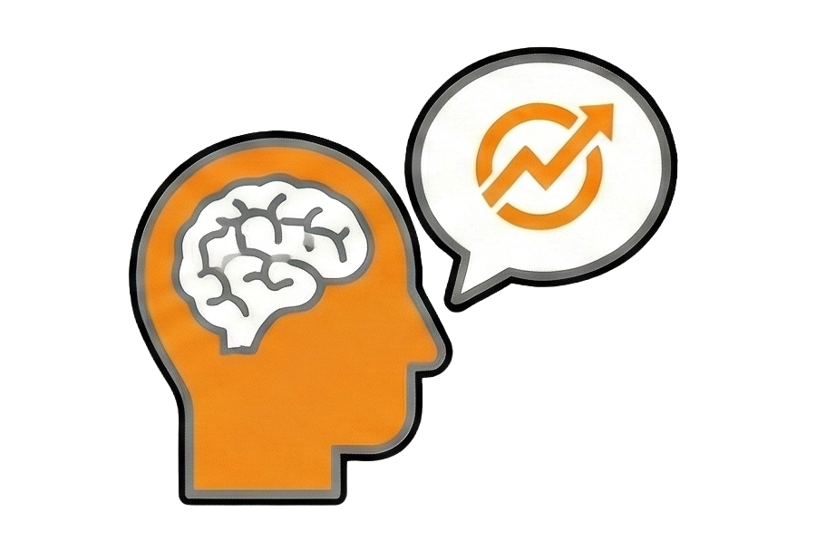 Symbolbild eines menschlichen Kopfes mit Gehirn und einer Sprechblase mit einem aufsteigenden Diagramm, das Wachstum zeigt.