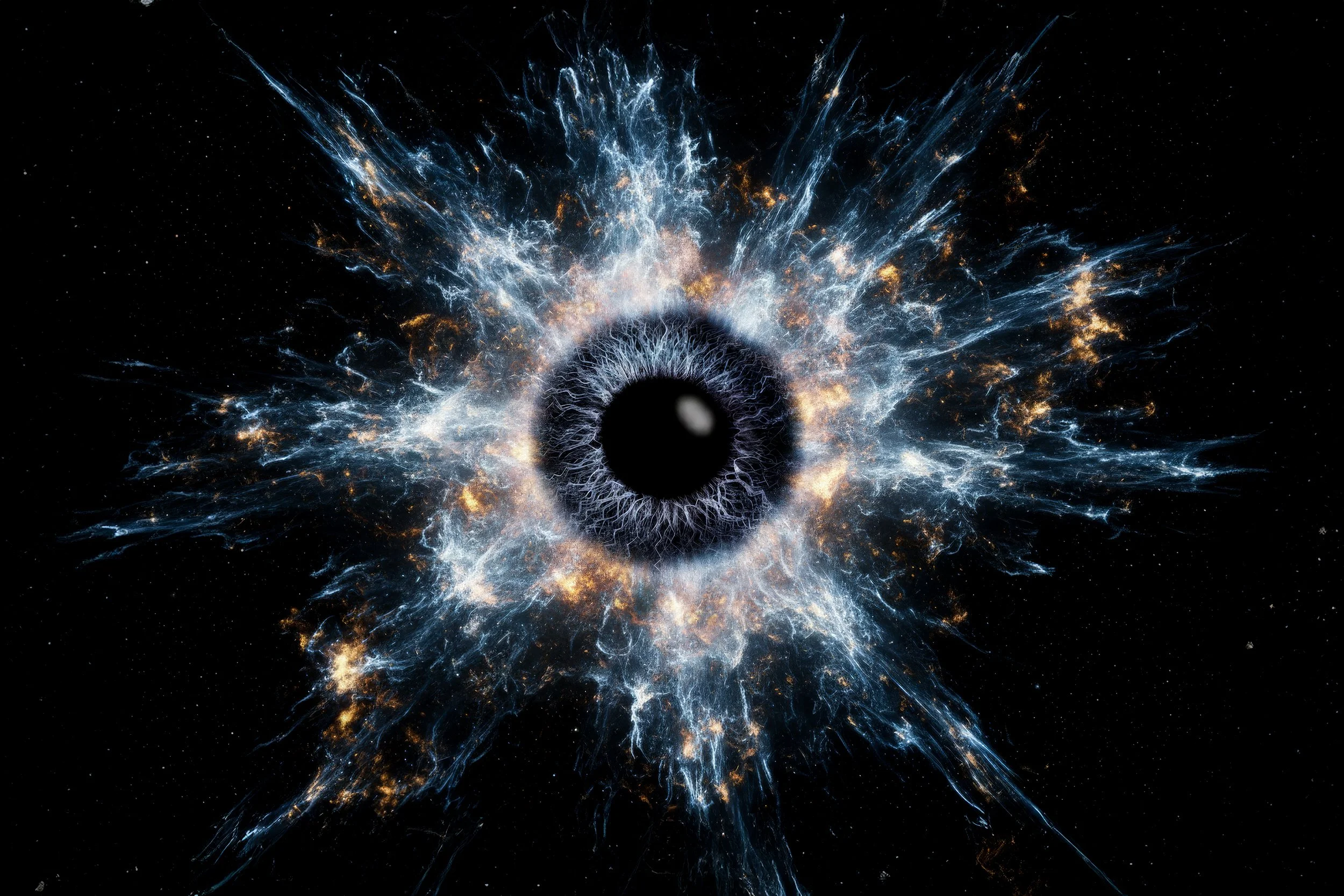 Kunstvolle Darstellung eines Auges inmitten eines Weltraumhintergrunds, wobei das Auge von leuchtenden, explodierenden Lichtern und Sternen umgeben ist.