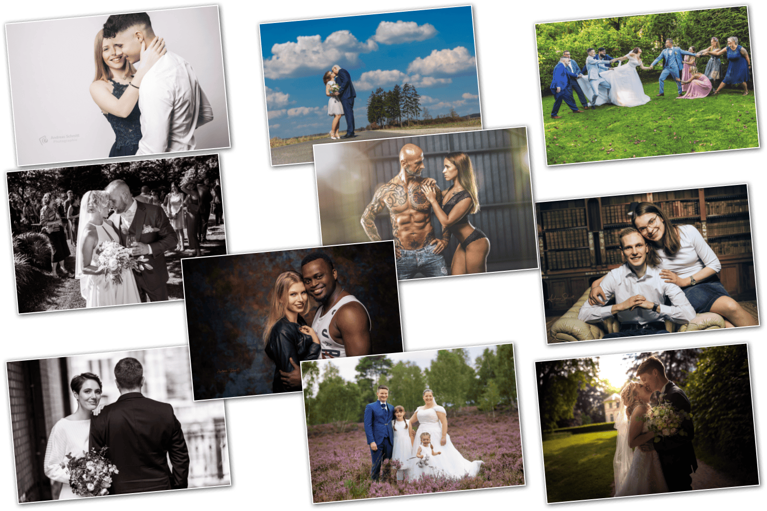 Eine Collage aus Fotos von Hochzeiten, Paaren und Menschen bei verschiedenen Anlässen im Freien und Indoor, darunter eine Paaraufnahme, eine Schultern-Kuss-Hochzeit, ein Brautpaar bei der Zeremonie, ein Pärchen im Studio, ein Männer- und Frauen-Model, eine Familie bei der Gartenhochzeit, sowie ein romantisches Brautpaar im Sonnenuntergang im Park.
