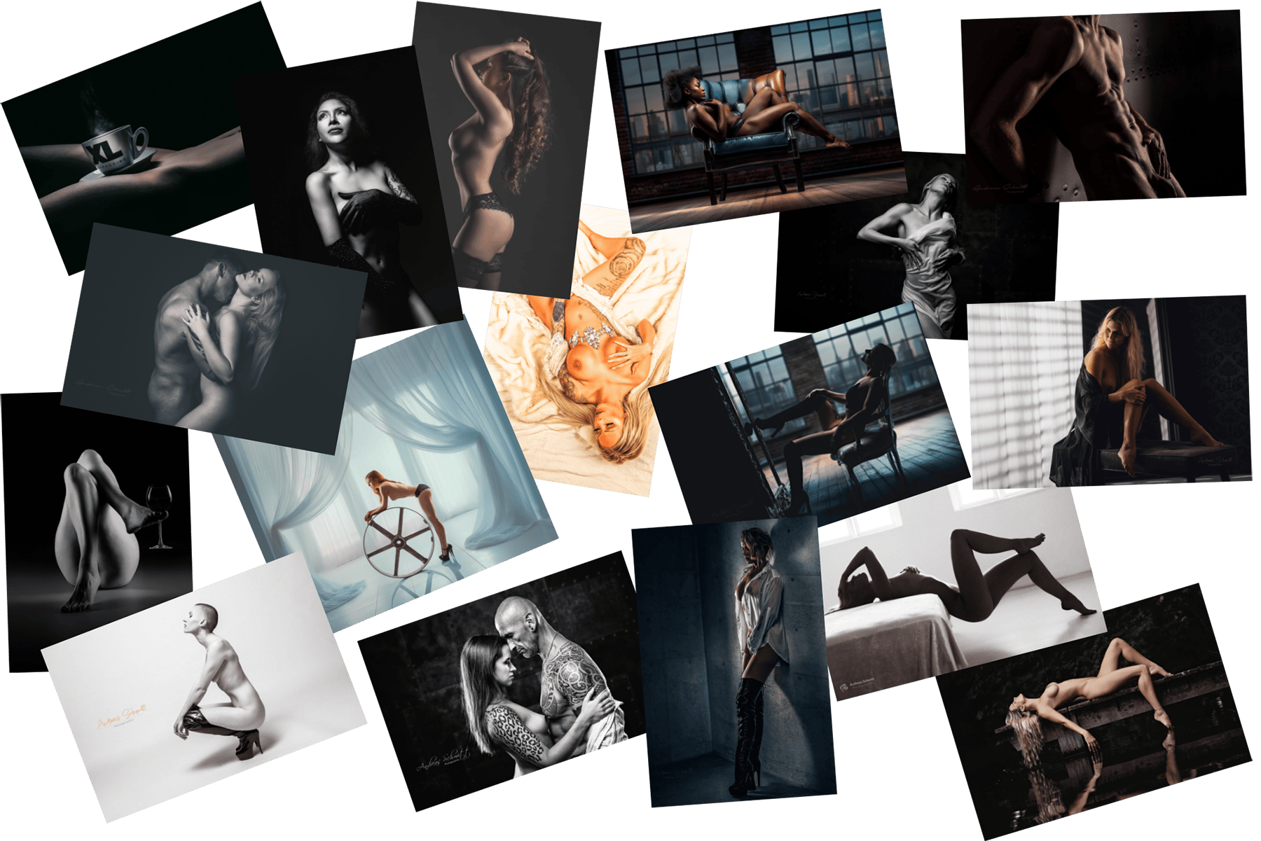 Collage aus mehreren künstlerischen Fotograﬁen von Frauen und Männern in verschiedenen Posen, teilweise in monochromen Tönen, teilweise in Farbaufnahmen, mit Fokus auf Ästhetik und Körperlichkeit.