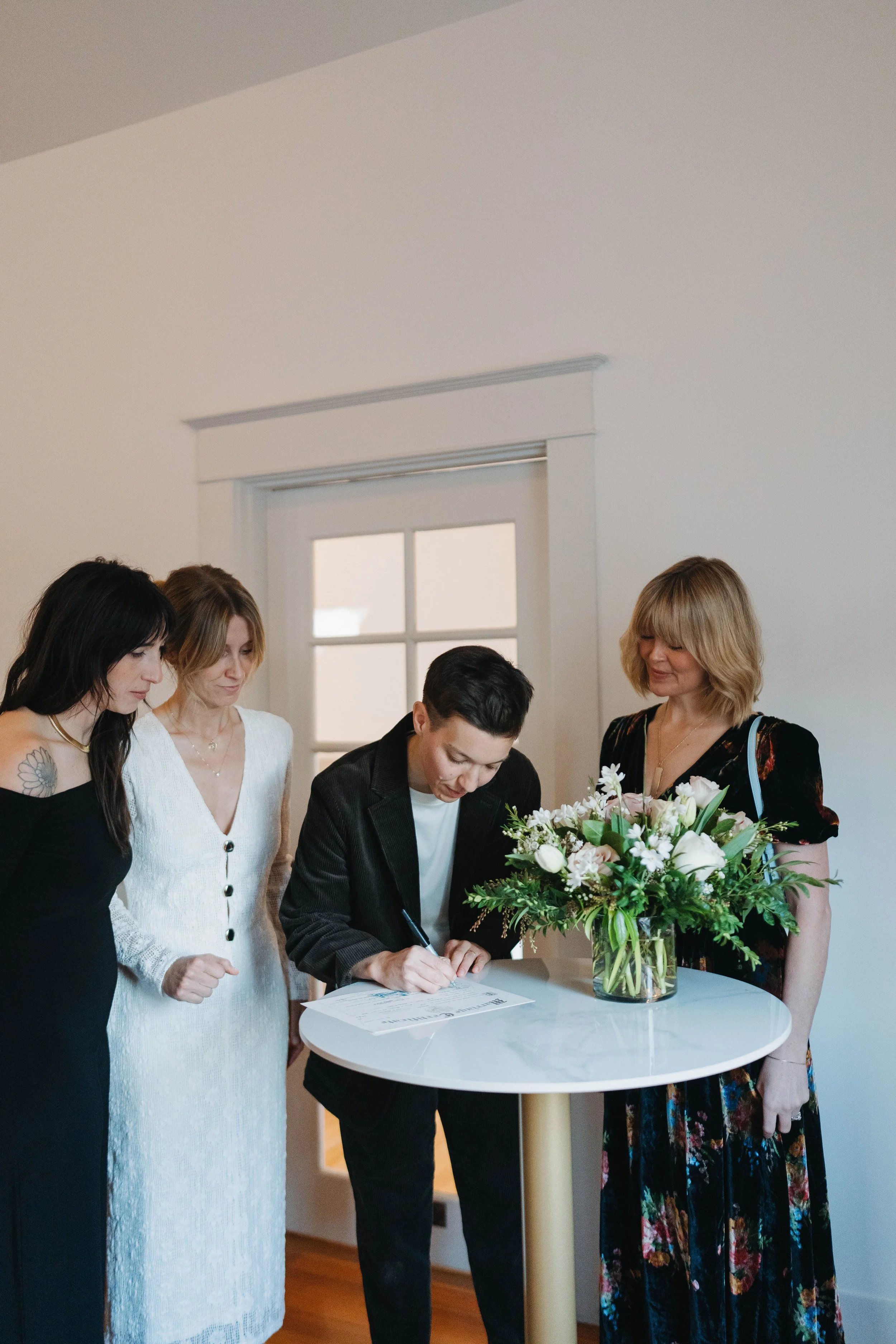 wedding ceremony, intimate venue, flowers, elopement ceremony, gathering, reception, portland, PDX, bride, groom, cake, champagne