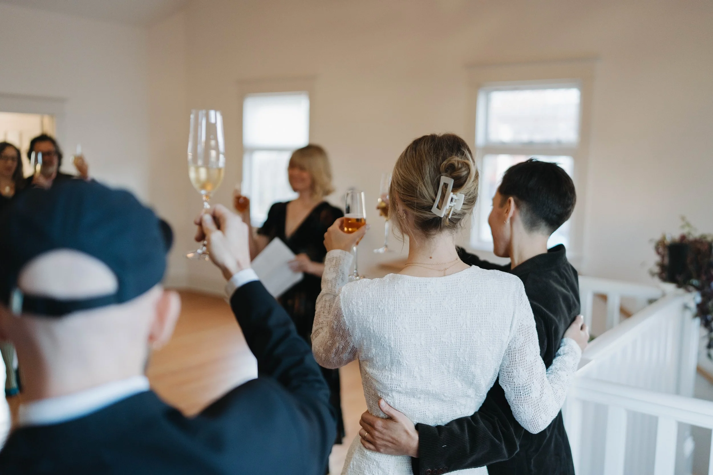 wedding ceremony, intimate venue, flowers, elopement ceremony, gathering, reception, portland, PDX, bride, groom, cake, champagne