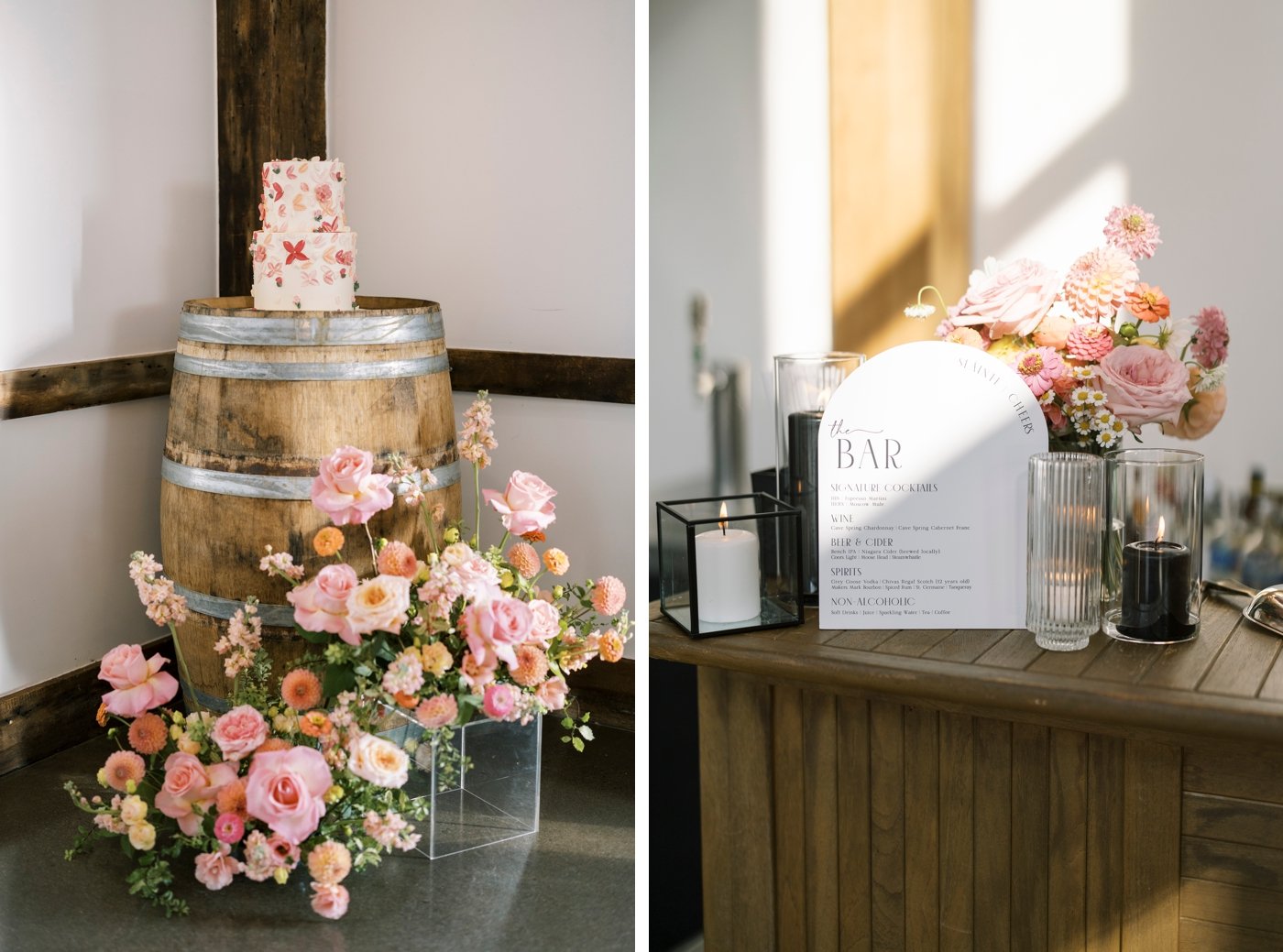 Wedding cake on a wine barrel behind an arrangement of organic pink and coral flowers