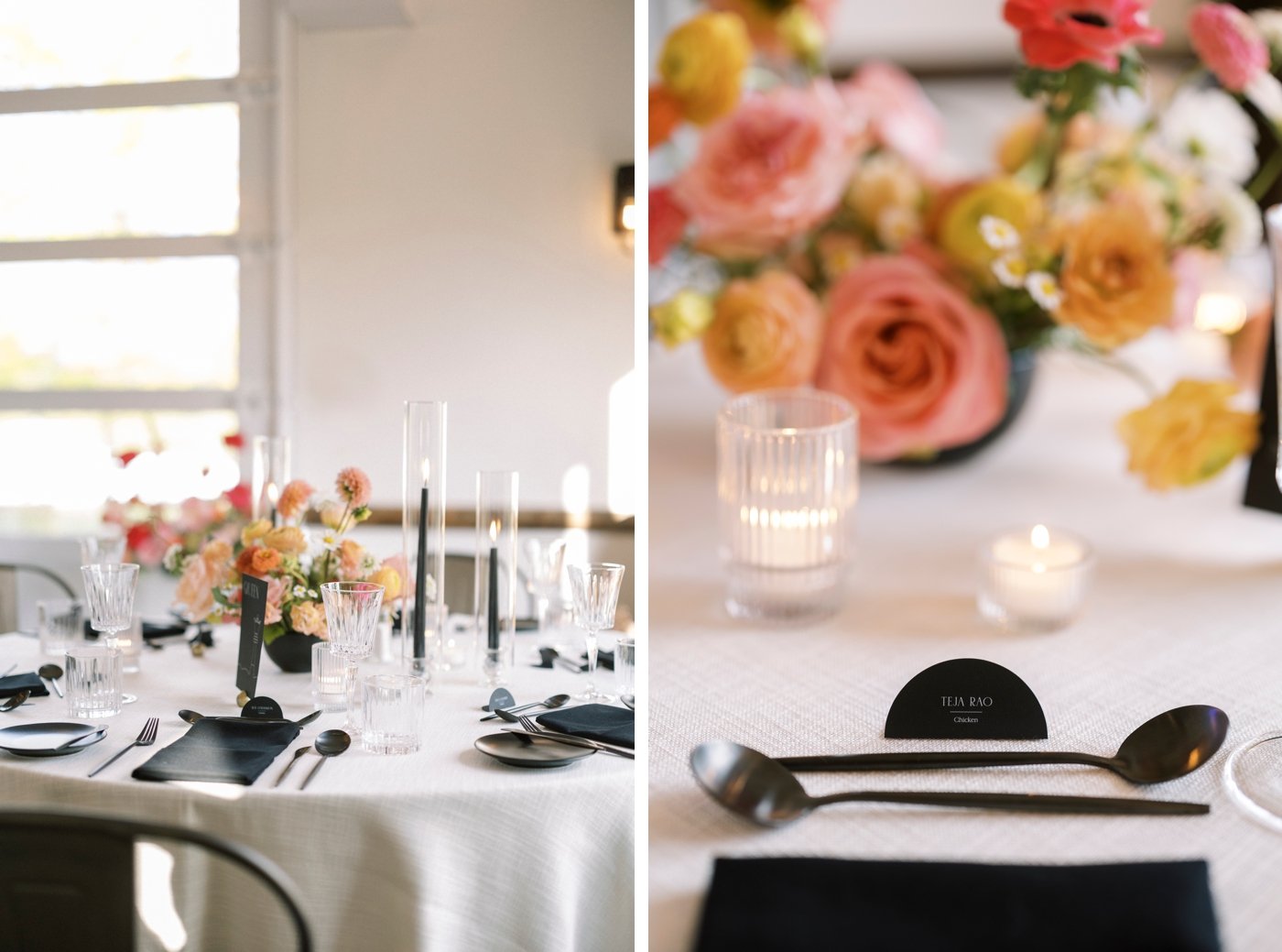 Place setting with a black linen napkin, black cutlery, and colorful flowers at a Niagara-on-the-Lake wedding