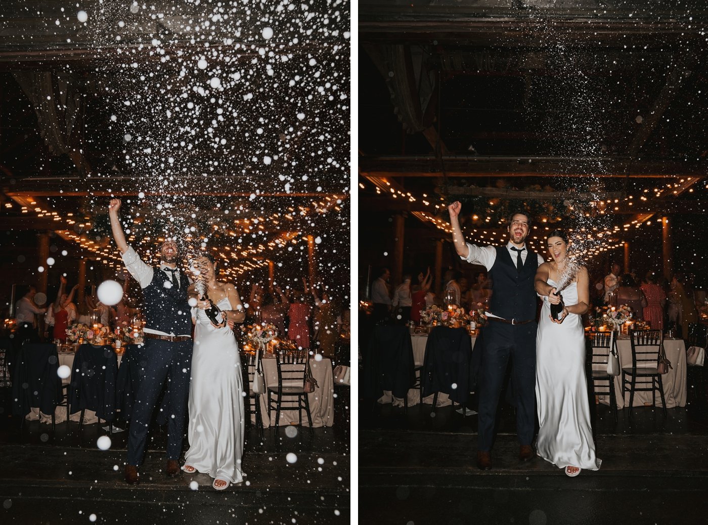 Bride and groom spraying champagne at their Niagara wedding reception