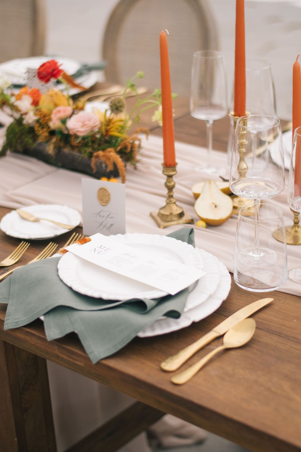 Gold floral cutlery from Simply Beautiful Decor under the sailcloth tent at Wakefield Estate.