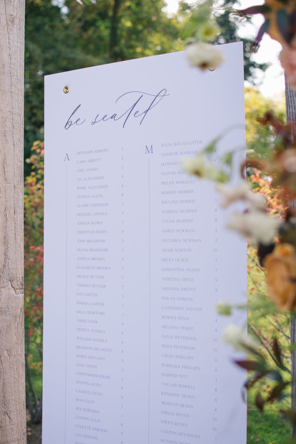 Seating chart designed by Paper Palette with fall inspired floral arch at Wakefield Estate.