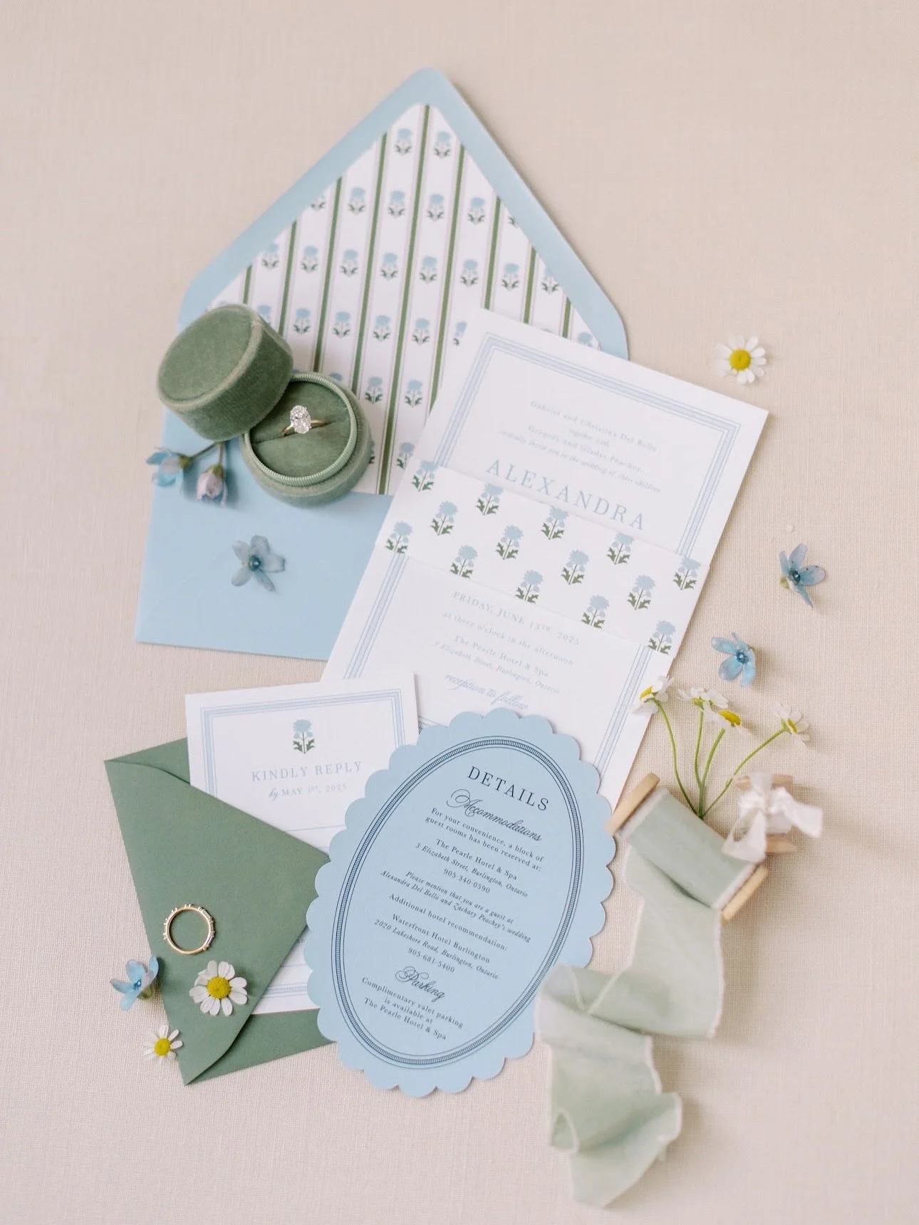Sharing one of my favourite invitation suites from this season! 

The delicate floral liner, scalloped detail card, and mix of sage and sky blue tones made this design feel fresh, romantic, and perfectly modern for A+Z&rsquo;s vision 🤍

Planning + D