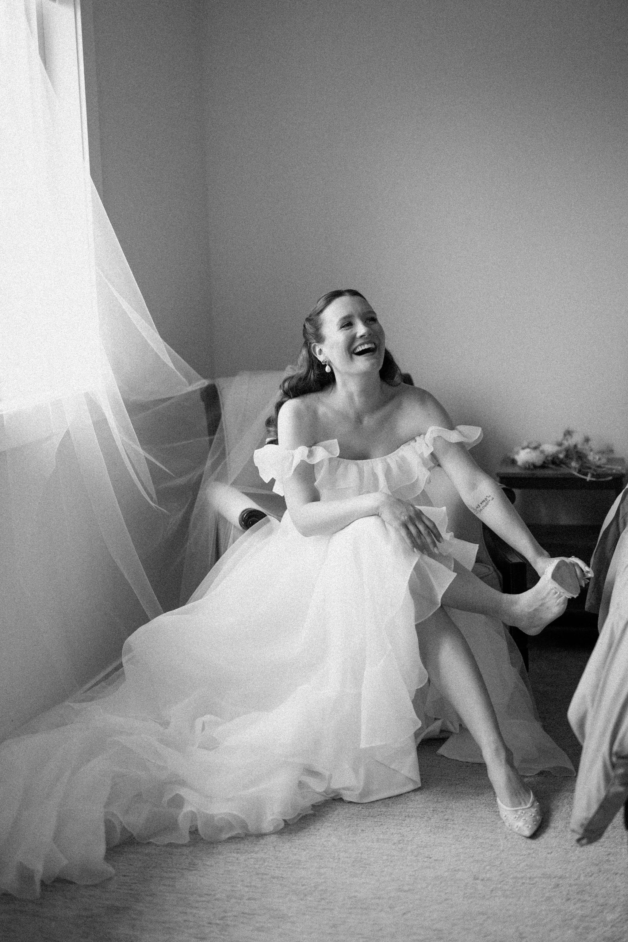  Bride getting ready for her outdoor tented wedding at The Clearing, Sheddon, Ontario. 