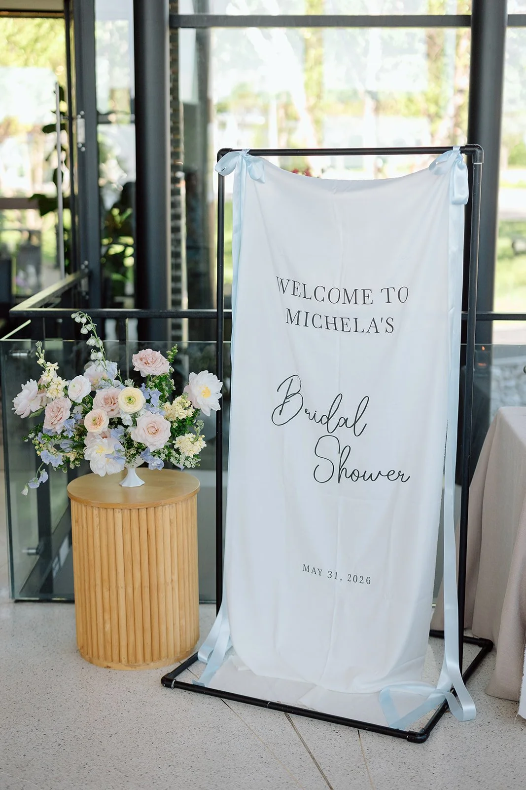  Linen Welcome Sign to bring guests into a bridal shower at Spencer’s on the Waterfront in Burlington, Ontario. Planned &amp; Designed by Lindsay Plank Events. 